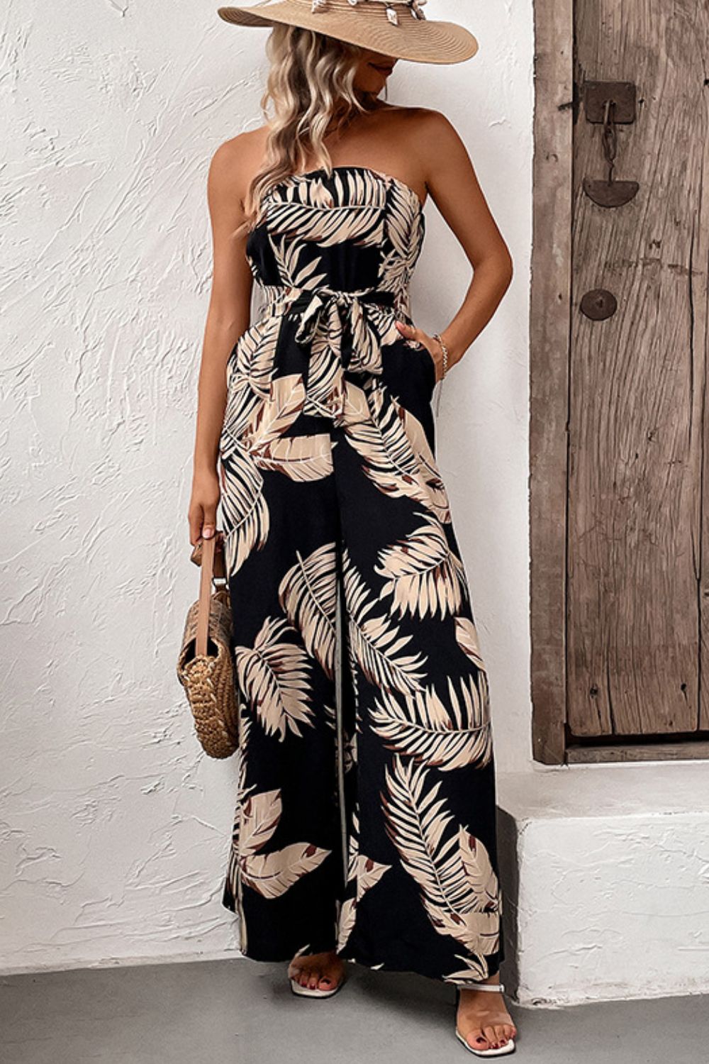 Printed Wide Leg Jumpsuit with Pockets