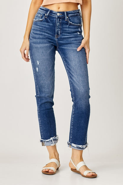 Frayed Cuffed Straight Jeans