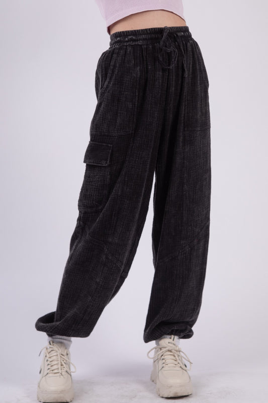 VERY J Washed Woven Crinkle Gauze Drawstring Pants