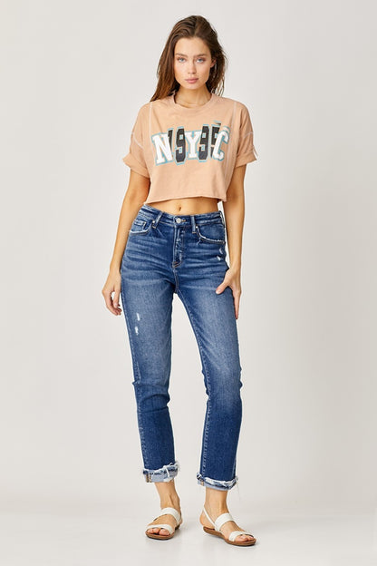 Frayed Cuffed Straight Jeans