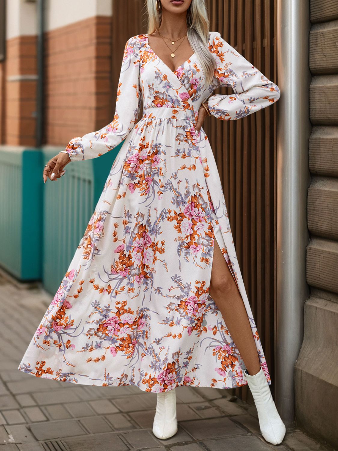 Slit Printed Surplice Long Sleeve Maxi Dress