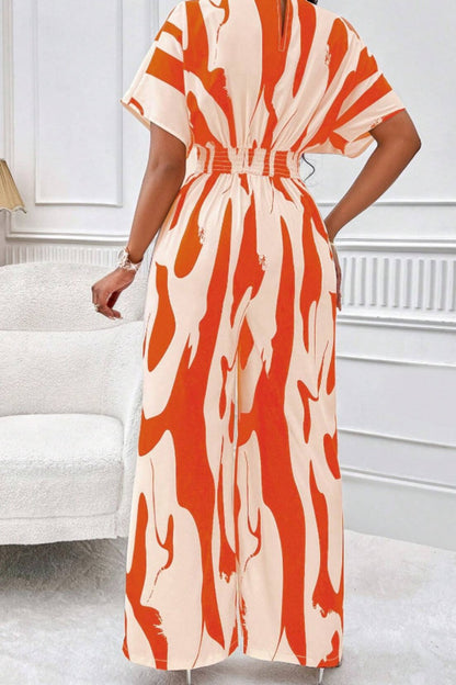 Printed V-Neck Short Sleeve Wide Leg Jumpsuit